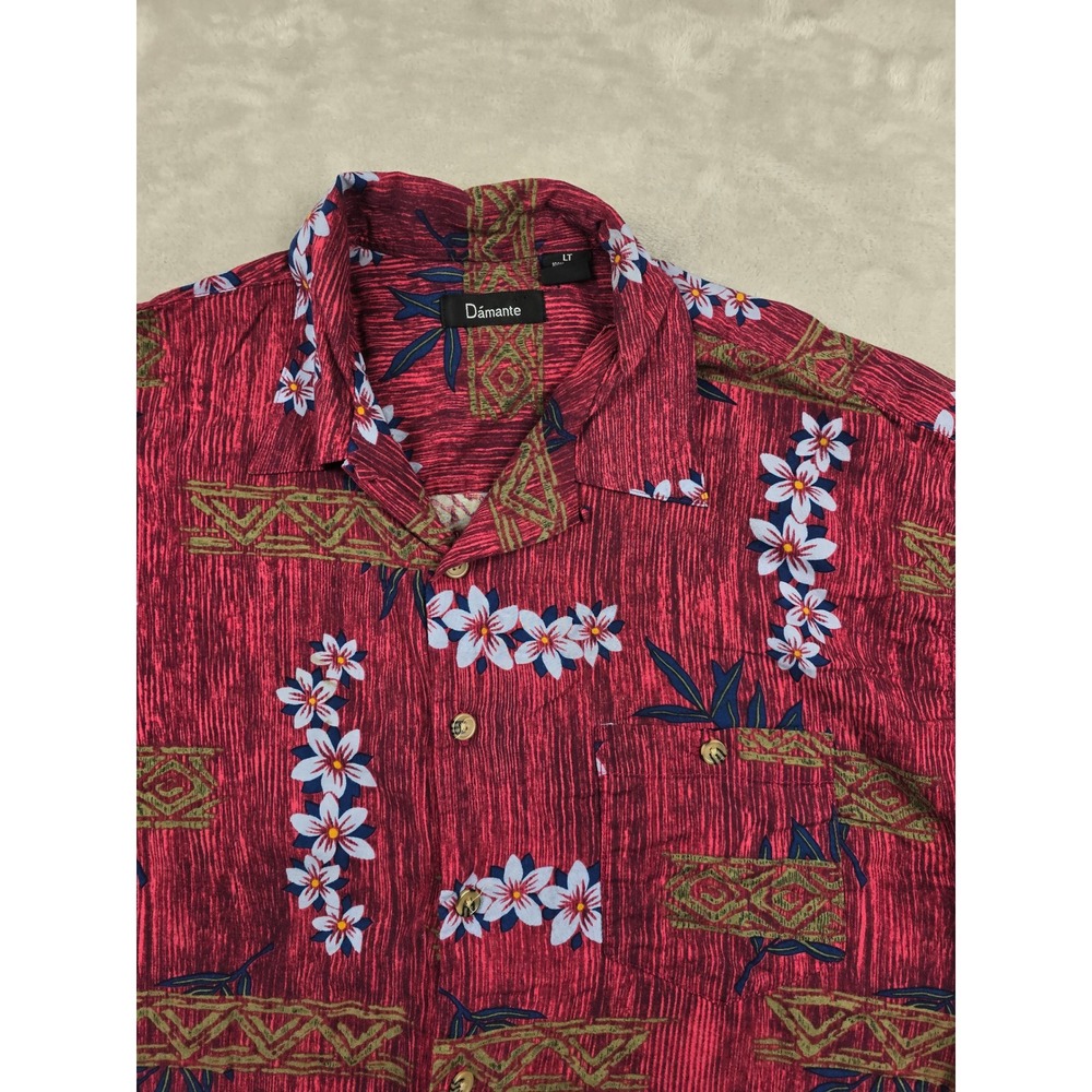 Dámante Hawaiian Button Up Shirt Mens LT Maroon Floral Tribal Rayon Short Sleeve
